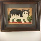 Vintage Original Painting on Fabric Primitive Black And White Cat Framed