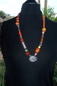 OOAK Southwestern Artisan Sterling Silver Sun Face Pendant Orange Stone Necklace - Picture 1 of 20