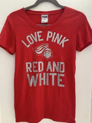 Small Victorias Secret LOVE PINK T Shirt Top RED WHITE Glitter KNIGHT College - Image 1 of 4
