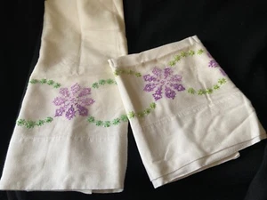 Vintage Pair White Cotton Pillow Cases Lavender & Green Cross Stitch - Picture 1 of 3