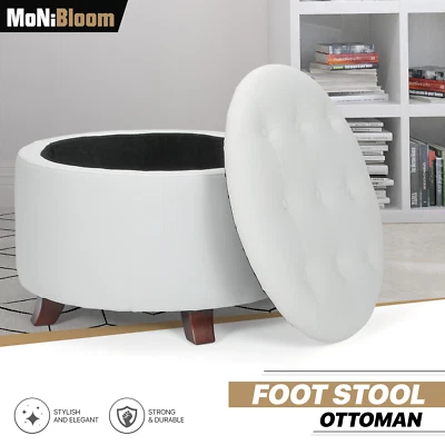 17英寸圆形存储奥斯曼经典聚氨脂合成革白色升降顶脚凳木腿 — 第 1/4 张图片