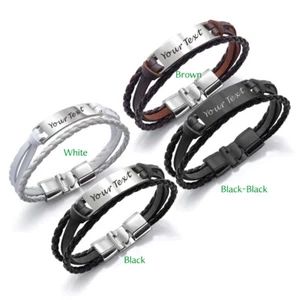 Personalised Engraved Men's PU Leather Bracelet for Birthday Wedding Fathers Day - Picture 1 of 10