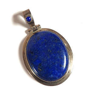 Vintage Lapis Lazuli Silver Pendant Handmade Oval Cobalt Blue Gemstone 2 inch
