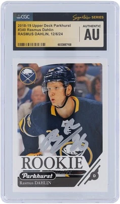 Tarjeta de novato firmada por Rasmus Dahlin Sabres 2018-19 Upper Deck Parkhurst #340 CGC Foto 1 de 3