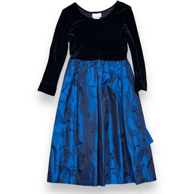 Vestido Bonnie Jean Vintage Negro Terciopelo Azul Tafetán Manga Larga Corbata Espalda Fiesta Foto 1 de 4