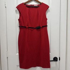 Calvin Klein Red Sheath Dress with Belt – Sz 8-10 (Missing SzTag 19” Pit-to-Pit) - Picture 1 of 12