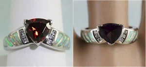 Laborgefertigter Feueropal & 9 x 9 mm Billionen Stein & 6 Akzent Ring Sterling 2 Auswahl - Bild 1 von 6