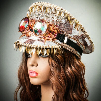 Sombrero Capitán Hombre Ardiente Militar Festival Lentejuelas Oro Rosa + Gafas Caleidoscopio Foto 1 de 4