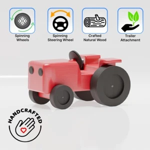 Handmade Red Wooden Tractor Toy with Black Wheels – Spinning Steering & Wheels - Picture 1 of 5