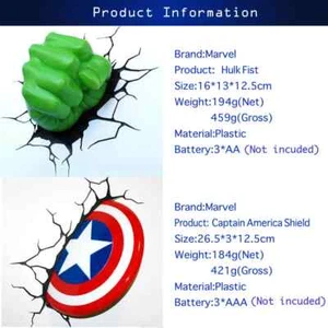 Marvel Avengers Captain America Shield HULK FIST 3D Deco Wall LED Night Light - Picture 1 of 13