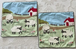 The Company Store Pillow Shams Covers 18 x 18" Textured Embroidered Sheep Farm - Picture 1 of 10