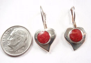 Genuine Red Coral Sponge Wire Back Heart Shaped 925 Sterling Silver Earrings - Picture 1 of 3