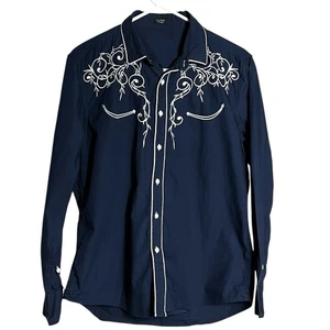 COOFANDY Men's Western Embroidered Detailed Chest Shirt Navy Blue Cowboy Rodeo M - Picture 1 of 11