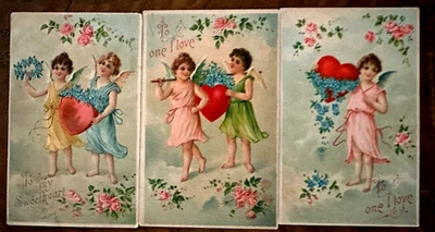 Bonito~Lote de 3~Cupidos con Corazones y Flores~Antiguo~ Postales de San Valentín~j536 Foto 1 de 2