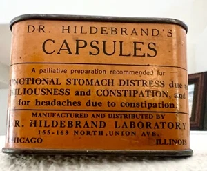 Vintage DR. HILDEBRAND KAPSELN medizinische Dose Magenbeschwerden Chicago RAR - Bild 1 von 6
