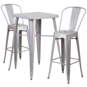 Flash Commercial Grade 23.75" Square Silver Metal Bar Table Set, 2 Back Stools - Picture 1 of 1