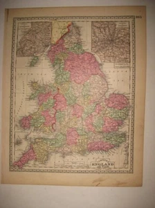 SUPERB ANTIQUE 1885 ENGLAND WALES LONDON LIVERPOOL TUNISON HANDCOLORED MAP FINE - Picture 1 of 1