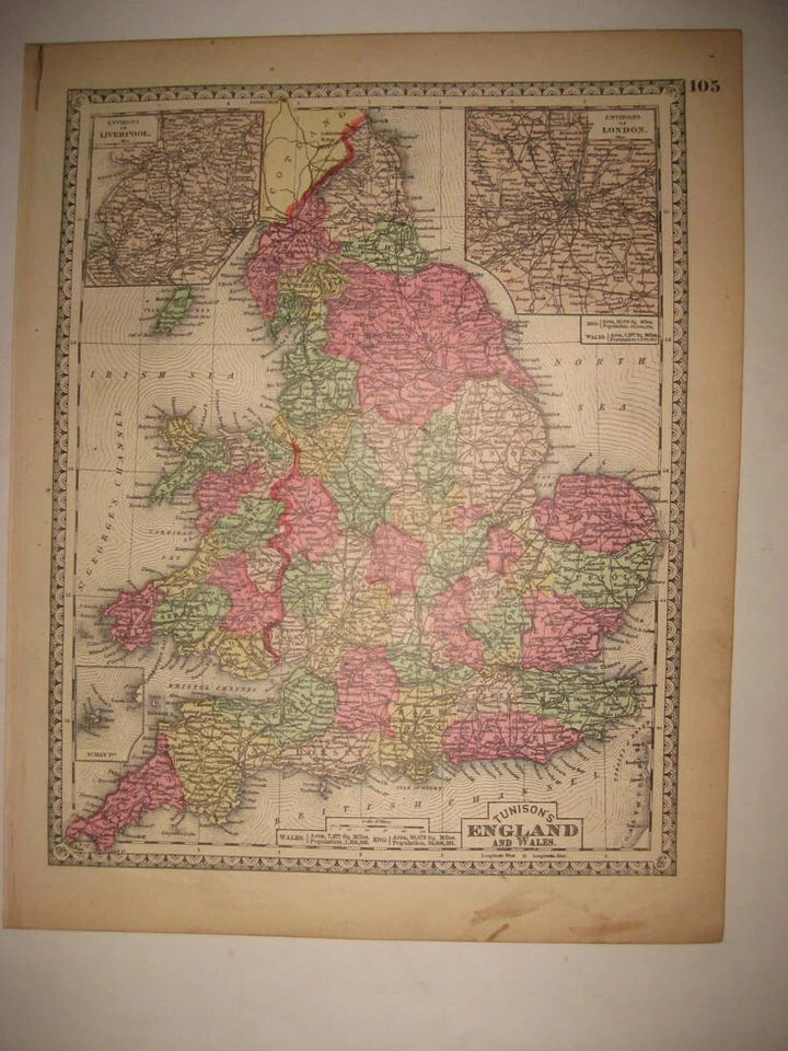 EXCELENTE MAPA ANTIGUO 1885 INGLATERRA GALES LONDRES LIVERPOOL TUNISON COLOREADO A MANO FINO Foto 1 de 1