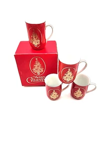 Set Of 4 Otagiri Christmas Tree Mugs/Cups Red & Gold Japan In Original Box - Picture 1 of 23