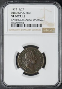 1723 S-6601 Hibernia Half Penny NGC VF Details Env Damage ✪COINGIANTS✪ - Picture 1 of 2