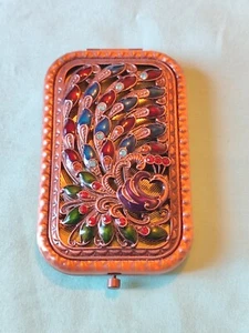 Open Work Copper Enamel Rectangle Compact Makeup Mirror Red Blue Green Peacock - Picture 1 of 13