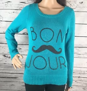 Turquoise Bon Jour Mustache Sweater Juniors Small Casual Teal Knit Top - Picture 1 of 12