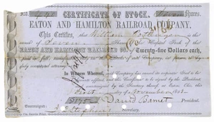 Eaton and Hamilton Railroad Company. Certificato Stock. 1853 - Foto 1 di 2