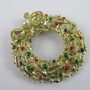 Broche de Navidad Corona Tono Oro Estrás Joyería Vintage - Imagen 1 de 6