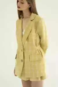 Onarin Blazer Womens Size XS Yellow Print Plaid Cinched Button Down Lined Jacket - Picture 1 of 9