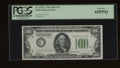 DBR 1934 $100 LGS Philadelphia Gem Fr. 2152-Clgs PCGS 65 PPQ Serial C00461535A - Image 1 of 2