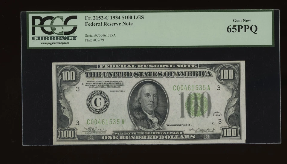 DBR 1934 $100 LGS Philadelphia Gem Fr. 2152-Clgs PCGS 65 PPQ Serial C00461535A - Image 1 of 2