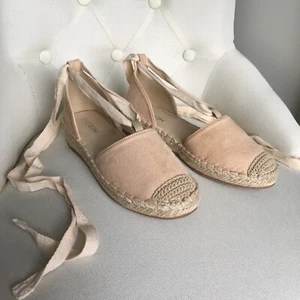 Soft Khaki Beige Suedette Ribbon Leg Ties Flat Espadrilles Sandals - UK 5 / 5.5 - Picture 1 of 7