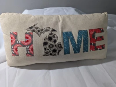 Michigan Themed Hand Embroidered Pillow Using Petoskey Stone Fabric - Image 1 of 4