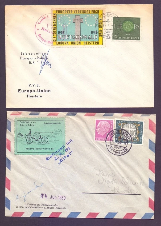 3 Raketenpost-Belege - Zucker E.R.1 Rakete 1960 mit 2 original Autogrammen (846) - Bild 1 von 4