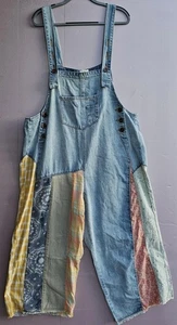Salopette bavaglino Easel donna grande blu denim patchwork boho cropped baggy EB41102 - Foto 1 di 11