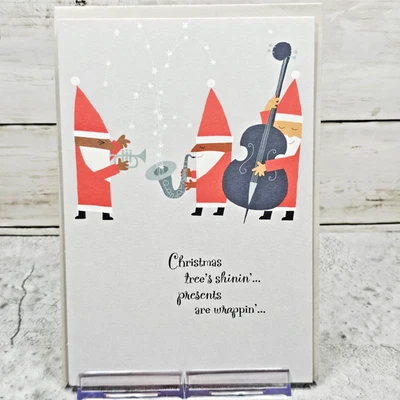 Hallmark Mahogany Christmas Greeting Card Santa Band Music Gray Trifold 6x8