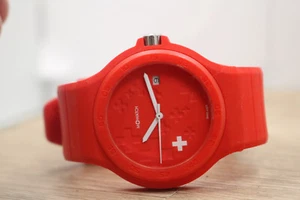 Mondaine M+WATCH Swiss Made Analog Red Dial Water Resistant Rubber Band New Bat. - Picture 1 of 6