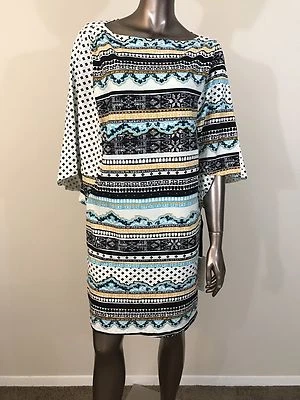 NUEVO CON ETIQUETAS Vestido Blusa Hale Bob Abstracto Estampado Rayas Blanco Negro Ala de Murciélago Talla L Foto 1 de 4