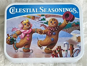 Celestial Seasonings Advertising Hinged Tin 2002 Christmas Gingerbread Skaters - Picture 1 of 3