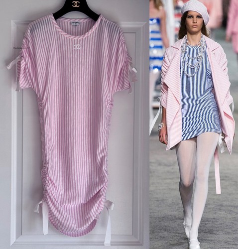 MINI ABITO DA PASSERELLA CHANEL 19C LA PAUSA ROSA BIANCO A RIGHE MANICA CORTA COTONE 36