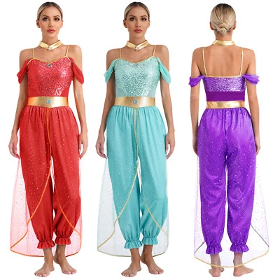 Women's Arabian Princess Costume Dress Up Gems Adorned Jumpsuit Belly Dance UK - Image 1 of 4