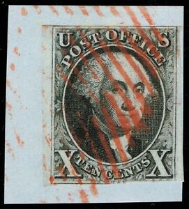 [st1722] USA 1847 Sc#2 used 10¢ black on Piece W.T. Crowe Expertise