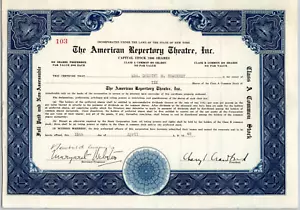 American Repertory Theatre 1946 Certificado de stock Cheryl Crawford Actors Studio - Imagen 1 de 2