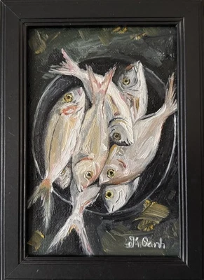 PINTURA AL ÓLEO ORIGINAL BODEGÓN PECES COCINA OBRAS DE ARTE FIRMADAS ENMARCADAS 4x6 Foto 1 de 4