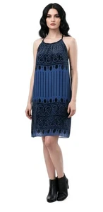 Max Studio Silk Velvet Burnout Dress M Blue Black Sheer Overlay Y2K Fairy Goth - Picture 1 of 10