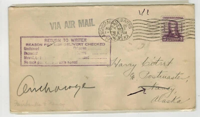 CITRET 1933 AIRMAIL FLIGHT FAIRBANKS ALASKA & NANCY & ANCHORAGE RETURNED WRITER - Image 1 of 2