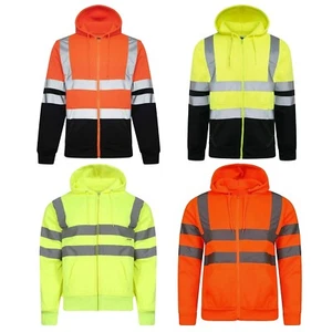 Mens Adults Hi Viz Visibility Sweatshirt Reflective Pockets Workwear Hoodie Top - Picture 1 of 9