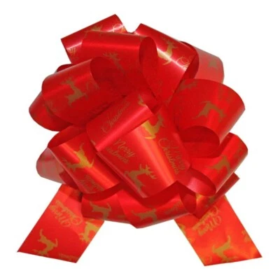 HAMPABOX 10 x Red Gold Reindeer Pull Bows - Christmas Xmas Gift Basket Hamper Ribbon