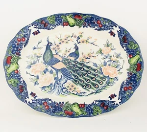 Bandeja grande vintage para servir de porcelana con ricos motivos pavo real naturaleza inglés - Imagen 1 de 7