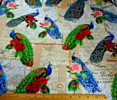 Tela Edredón 1 1/4 Yarda Lg Pavo Real Rojo Rosa Rosas en Crema Algodón Premium #PC Foto 1 de 3